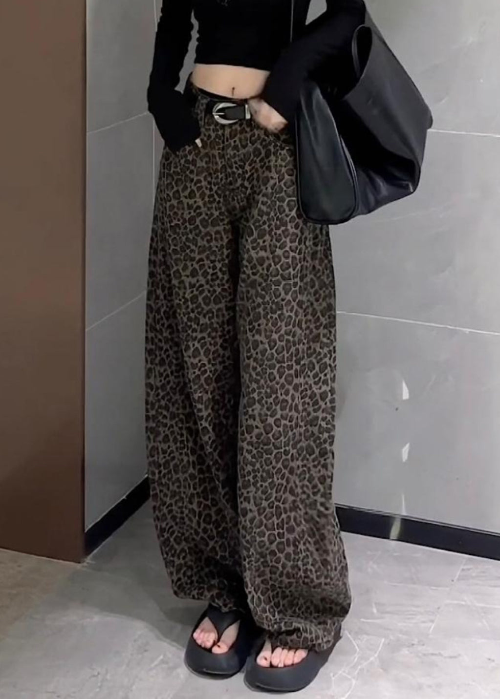 Pants Denim Waist Pockets Leopard Wide Leg High Fall Unique