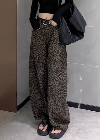 Pants Denim Waist Pockets Leopard Wide Leg High Fall Unique