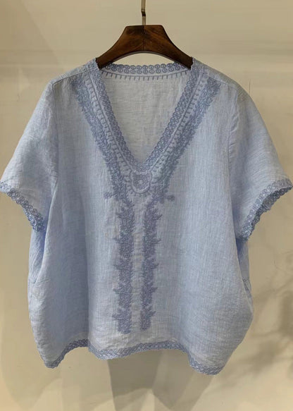 Unique Light Neck Linen Summer Shirt Embroidered V Blue Tops