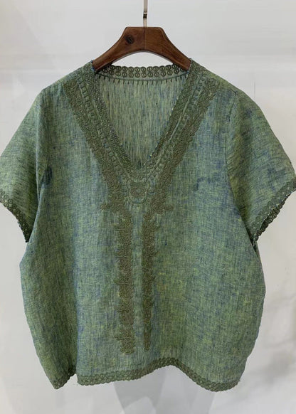 Unique Light Neck Linen Summer Shirt Embroidered V Blue Tops