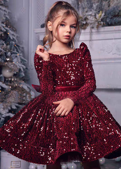 Unique Mulberry Sequins Patchwork Girls Mid Dress Spring YS003