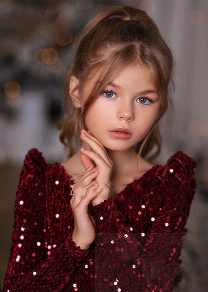 Unique Mulberry Sequins Patchwork Girls Mid Dress Spring YS003