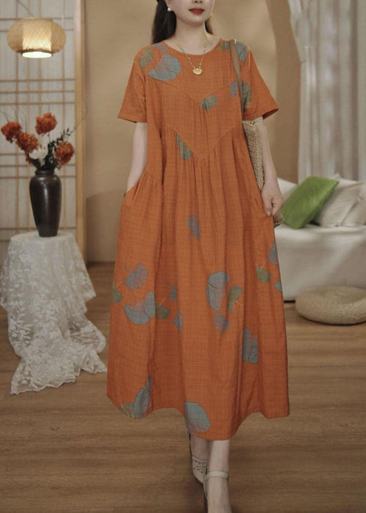 Dresses Unique Orange Cotton Oversized Summer Maxi Print