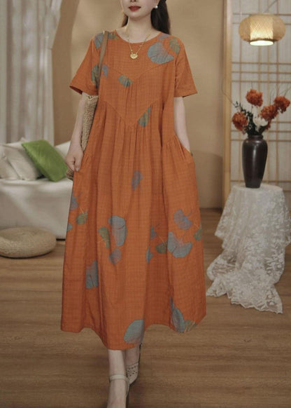Oversized Dresses Cotton Summer Print Maxi Unique Orange