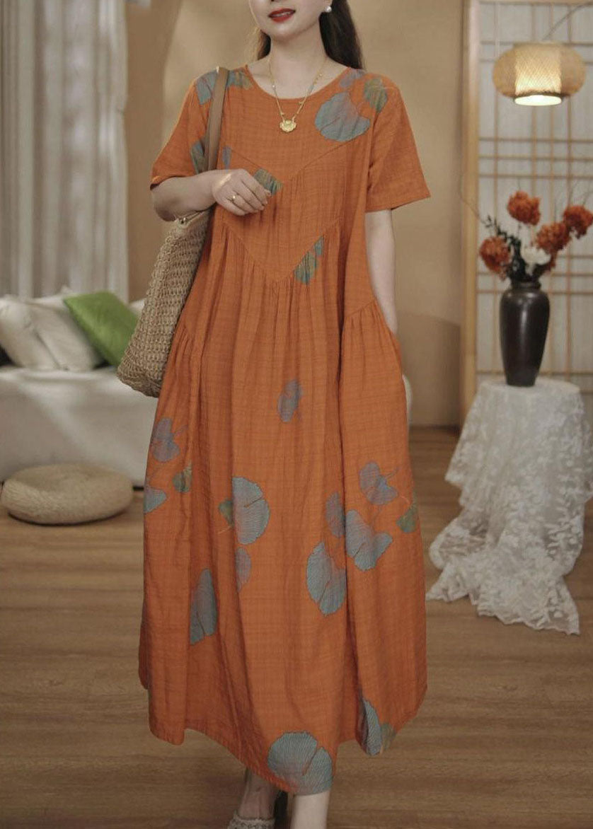 Dresses Unique Orange Cotton Oversized Summer Maxi Print
