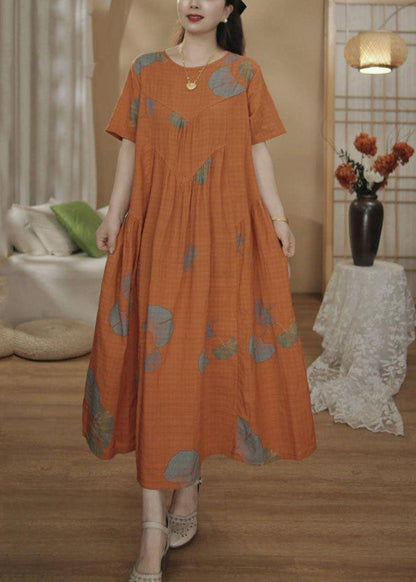 Oversized Dresses Cotton Summer Print Maxi Unique Orange