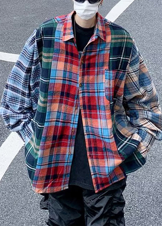 Spring Men Plaid Cotton Shirts Unique Peter Collar Pan Patchwork