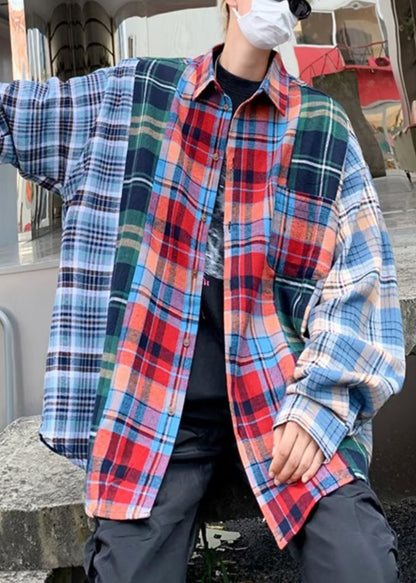 Spring Men Plaid Cotton Shirts Unique Peter Collar Pan Patchwork