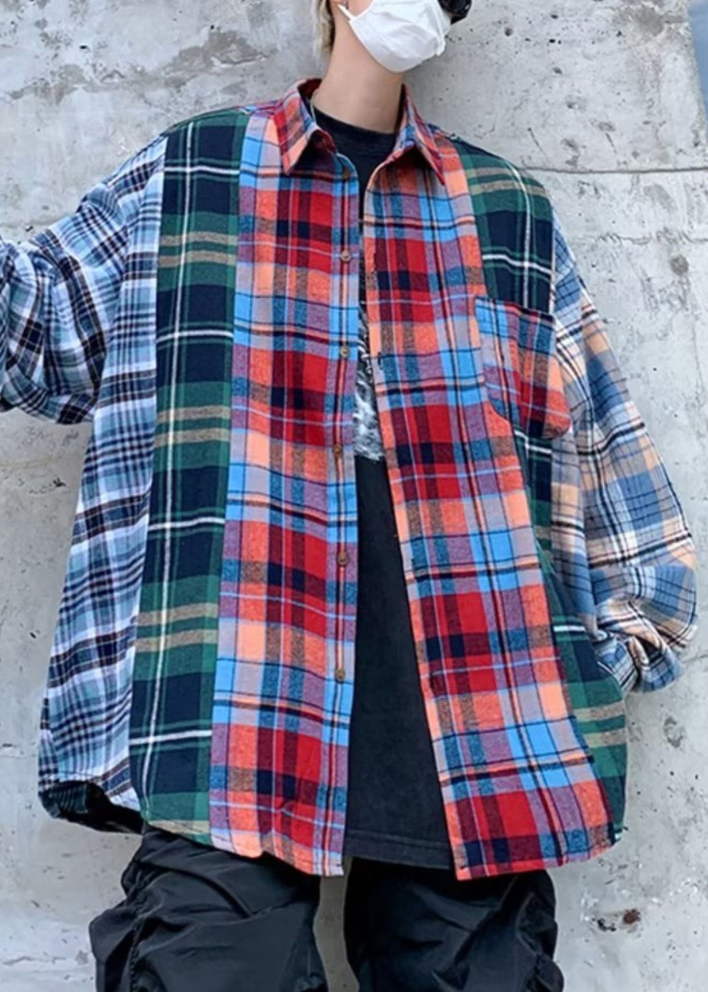 Spring Men Plaid Cotton Shirts Unique Peter Collar Pan Patchwork