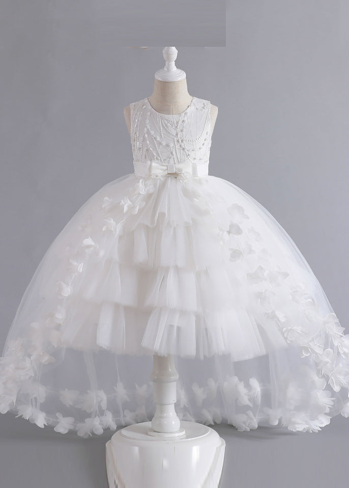 Unique Pink Floral Patchwork Tulle Kids Maxi Dresses Sleeveless YE012