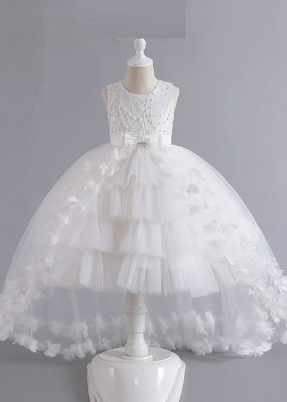 Unique Pink Floral Patchwork Tulle Kids Maxi Dresses Sleeveless YE012