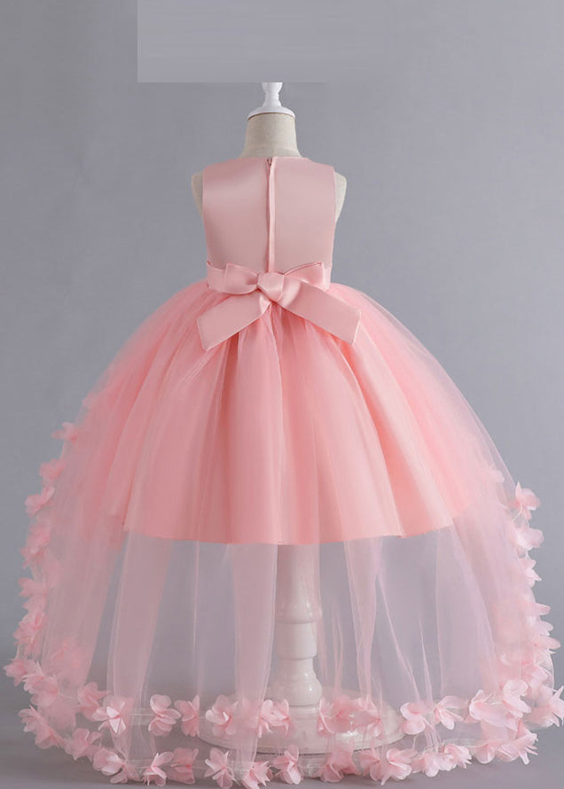 Unique Pink Floral Patchwork Tulle Kids Maxi Dresses Sleeveless YE012