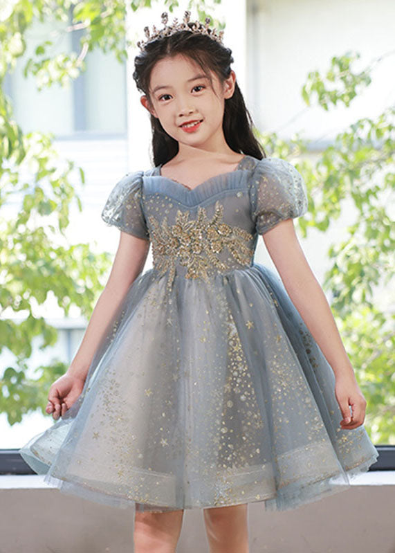 Unique Pink Sequins Patchwork Tulle Kids Long Dress Puff Sleeve YE004