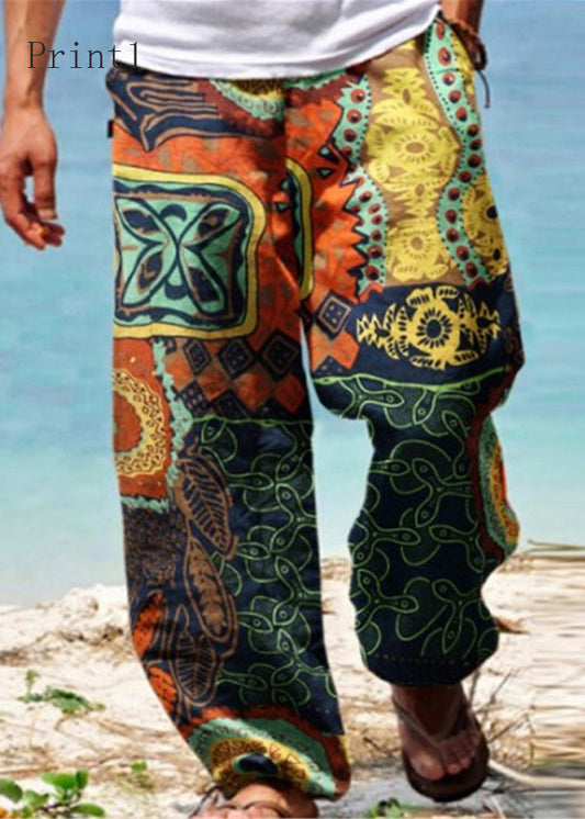 Elastic Unique Pockets Cotton Print Waist Men Pants Summer