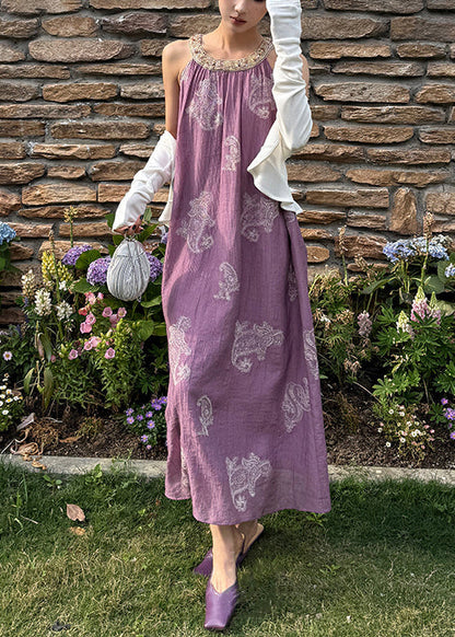 Sleeveless Purple Patchwork Embroidered Long Silk Unique Dress