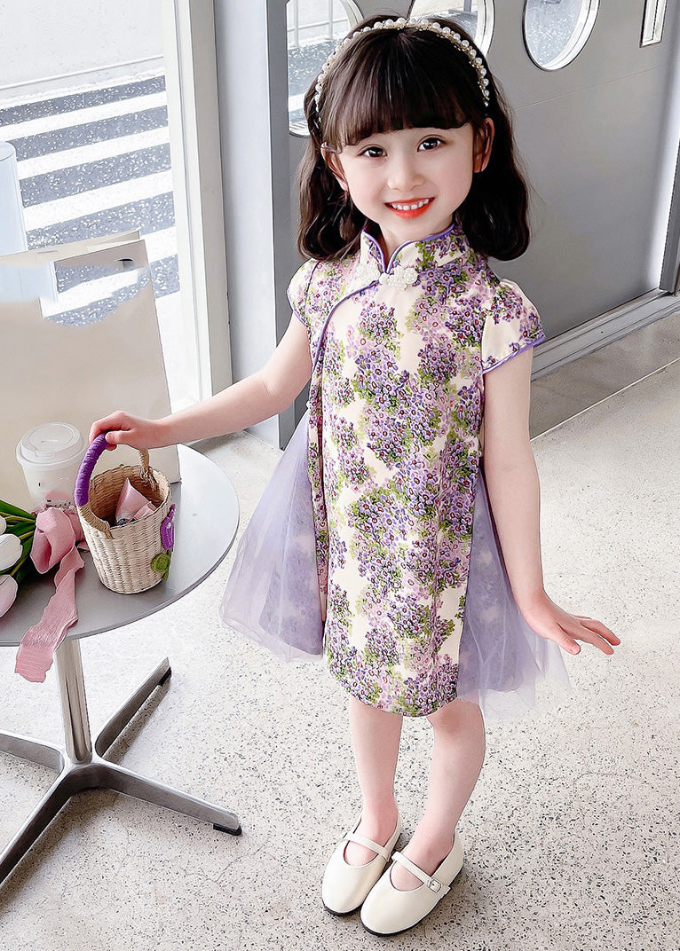 Unique Purple Stand Collar Print Girls Mid Dress Summer GF018