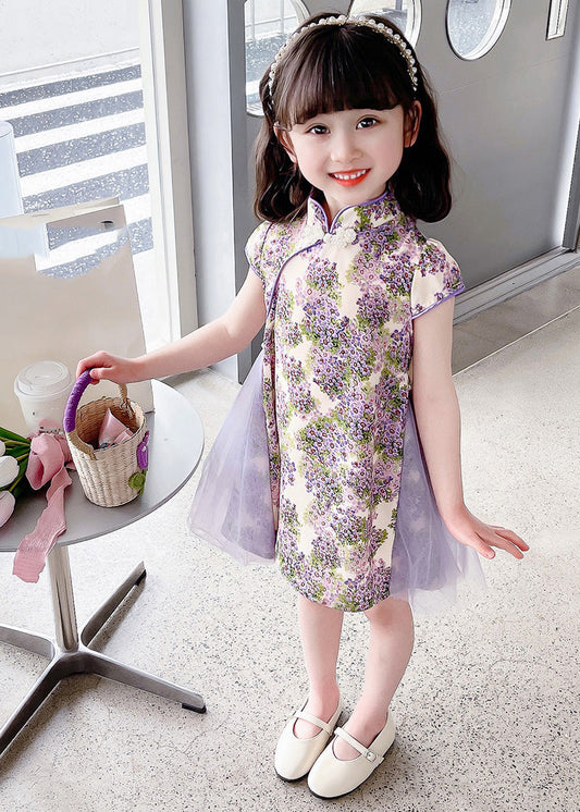 Unique Purple Stand Collar Print Girls Mid Dress Summer GF018