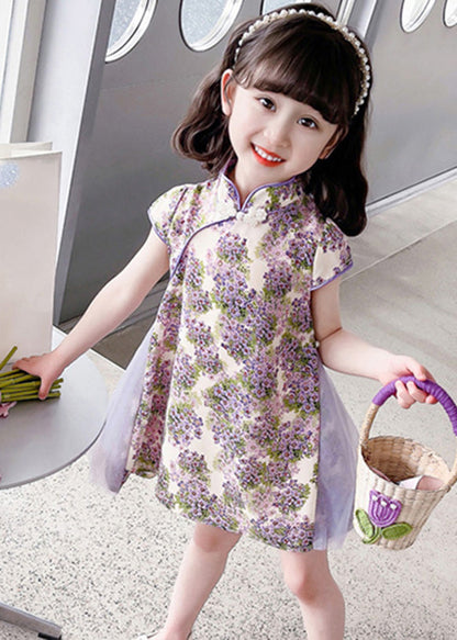 Unique Purple Stand Collar Print Girls Mid Dress Summer GF018