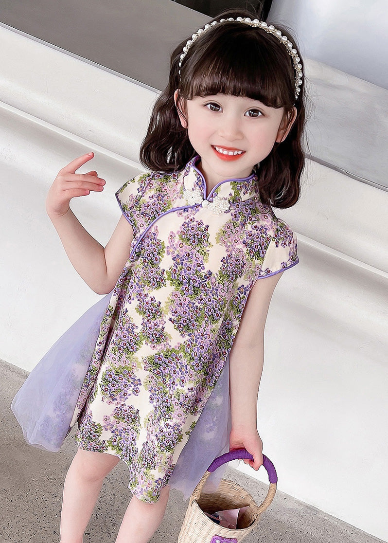 Unique Purple Stand Collar Print Girls Mid Dress Summer GF018