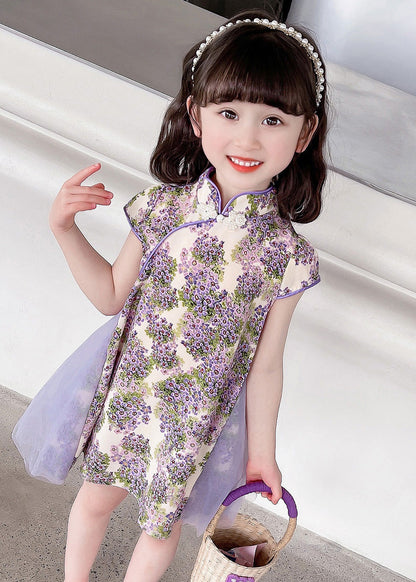 Unique Purple Stand Collar Print Girls Mid Dress Summer GF018