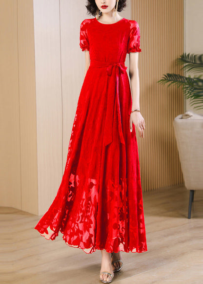 Summer Unique Red Print Dress Neck Up O Lace Chiffon