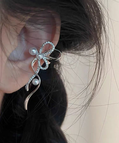 Stud Zircon Unique Ribbon Silk Earrings Pearl Metal Bow