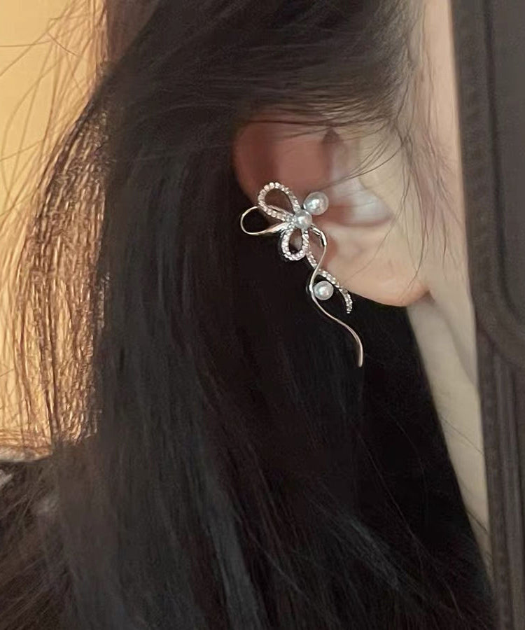 Stud Zircon Unique Ribbon Silk Earrings Pearl Metal Bow
