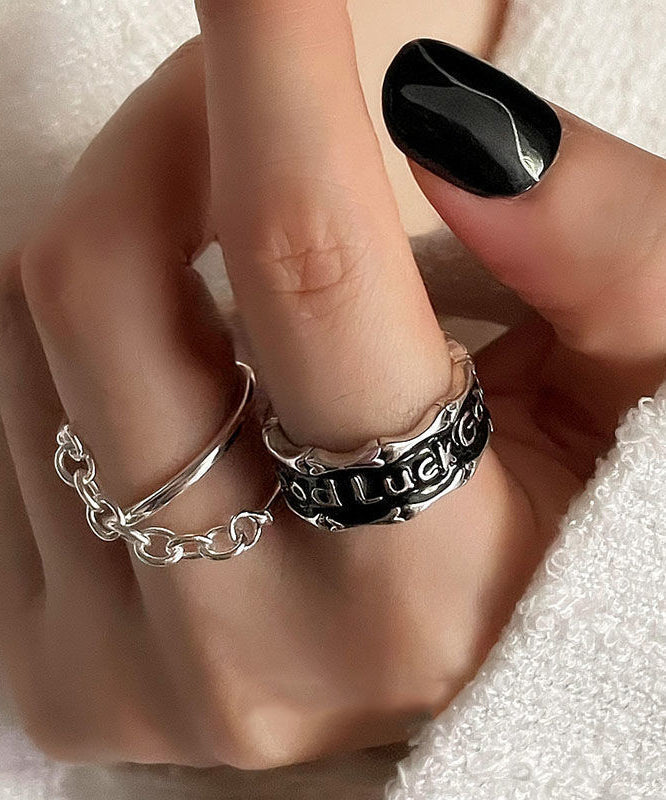 Patchwork Rings Set Unique Two-Piece Sterling Graphic Silk Silver