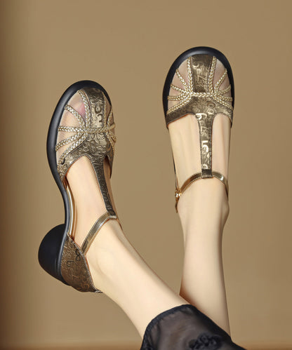 Splicing Sandals Leather Chunky Cowhide Tulle Unique Coffee