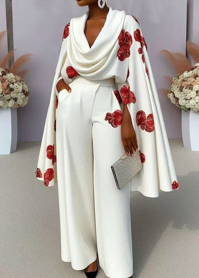 Unique White Neck Tops Turtle Cloak Sleeves Print Cotton