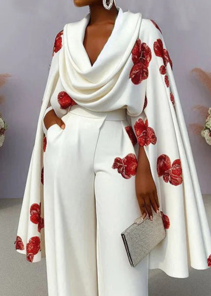 Unique White Neck Tops Turtle Cloak Sleeves Print Cotton