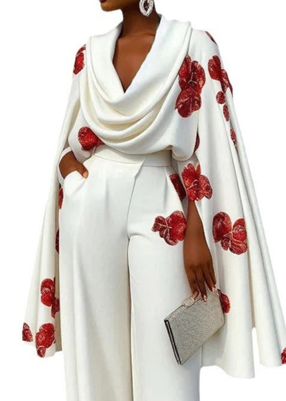 Unique White Neck Tops Turtle Cloak Sleeves Print Cotton