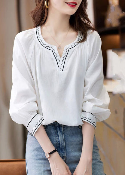 Unique White V Neck Embroidered Patchwork Shirts Fall WW057
