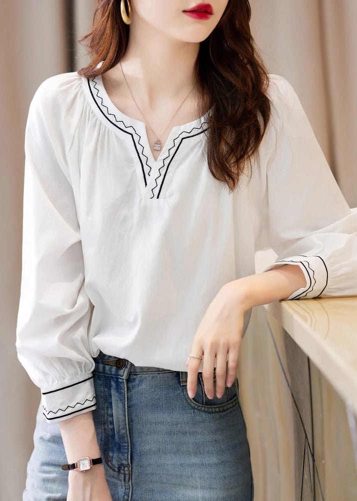 Unique White V Neck Embroidered Patchwork Shirts Fall WW057