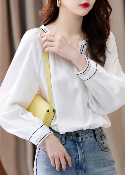 Unique White V Neck Embroidered Patchwork Shirts Fall WW057