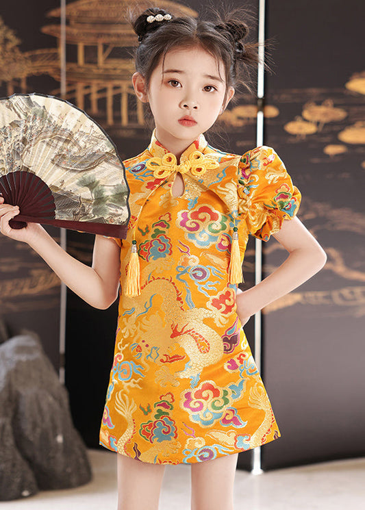 Mid Dresses Unique Yellow Stand Print Summer Girls Baby Collar