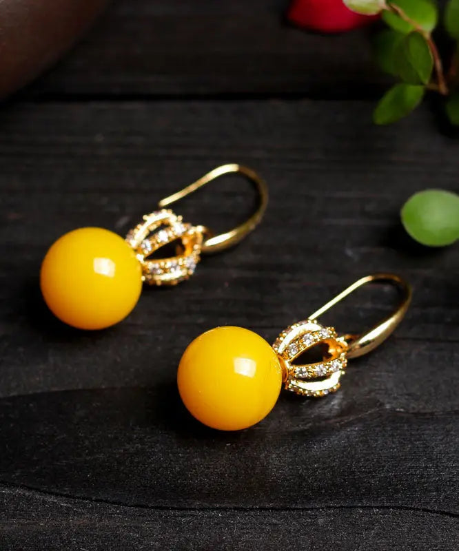 Unique Yellow Sterling Silver Inlaid Beeswax Zircon Drop Earrings Ada Fashion