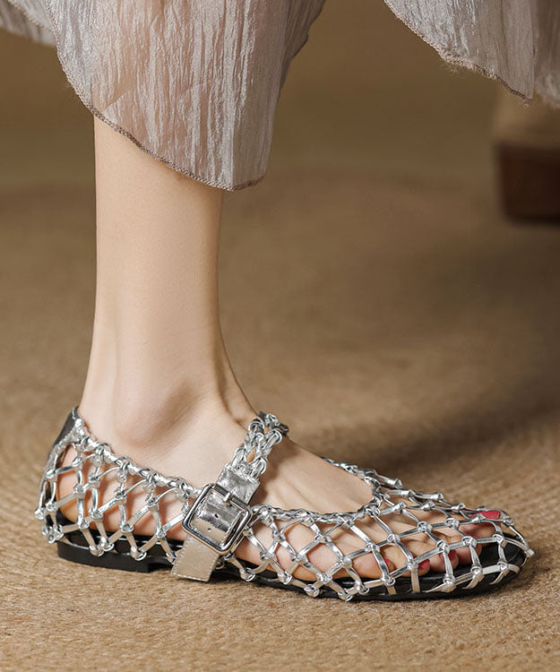 Out Woven Hollow Flat Silver Sandals Vacation Breathable Style