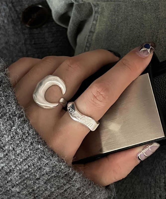 925 Two Graphic Vintage Rings Silver Set Piece Moon