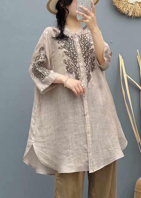 Summer Shirt Linen Apricot Embroidered Vintage Long