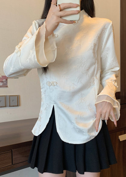 Vintage Apricot Stand Collar Jacquard Oriental Button Cotton Top Fall QA044