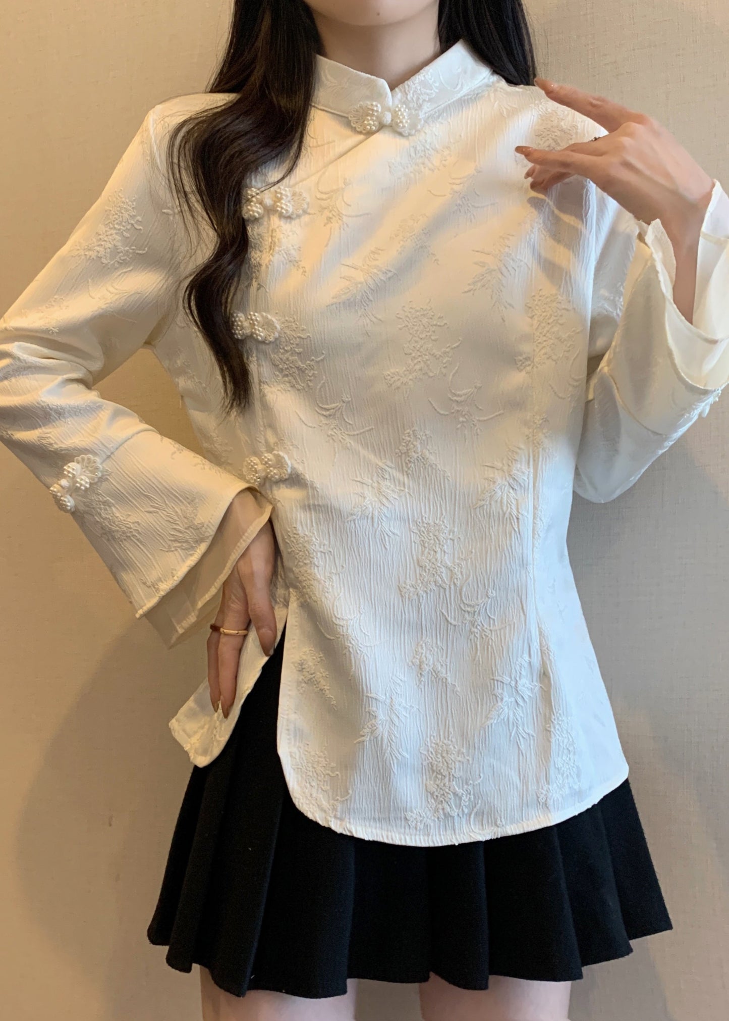 Vintage Apricot Stand Collar Jacquard Oriental Button Cotton Top Fall QA044