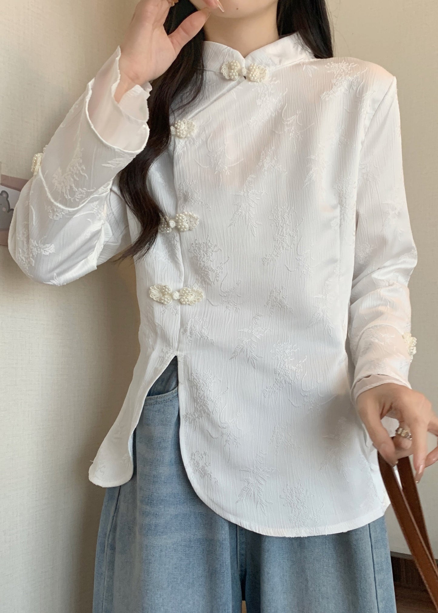 Vintage Apricot Stand Collar Jacquard Oriental Button Cotton Top Fall QA044