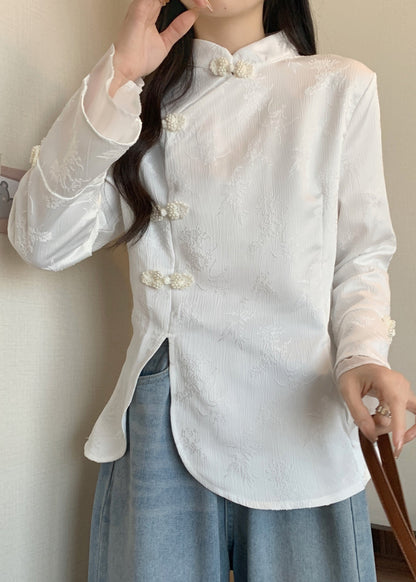 Vintage Apricot Stand Collar Jacquard Oriental Button Cotton Top Fall QA044