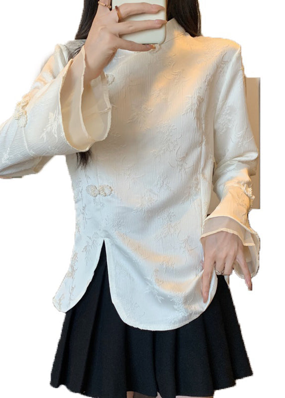 Vintage Apricot Stand Collar Jacquard Oriental Button Cotton Top Fall QA044