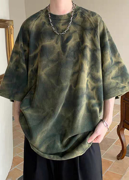 Half Dye Mens Tie O-Neck Army Green Vintage Shirt Cotton Sleeve T