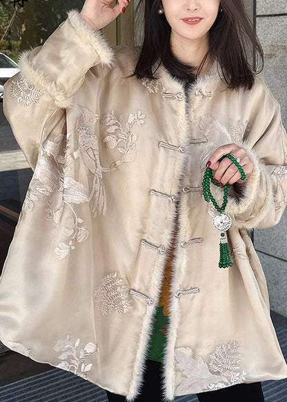 Vintage Beige Embroidered Mink Hair Patchwork Fine Cotton Filled Coat Winter RF002