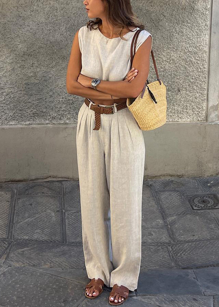 Set And Two-Piece Leg Vintage Pants Vests Linen Beige Wide
