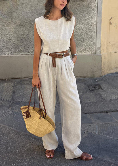Set And Two-Piece Leg Vintage Pants Vests Linen Beige Wide
