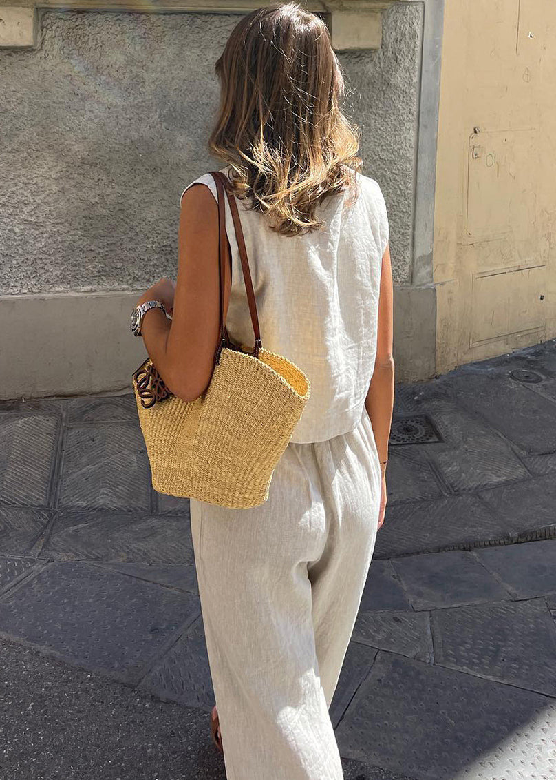 Set And Two-Piece Leg Vintage Pants Vests Linen Beige Wide